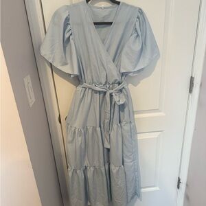 Light Blue Wrap Tiered Midi Dress with Flutter Sleeves